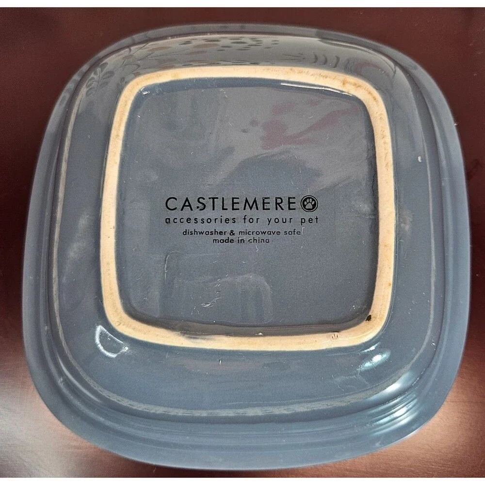 Castlemere Ceramic Dog Dish Food Water Bowl Blue w/ White Embossed Bone (read)